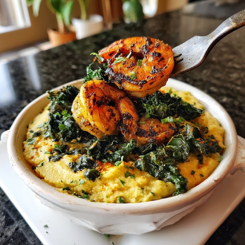 Scharfe Garnelen Blumenkohlbrei Grünkohl