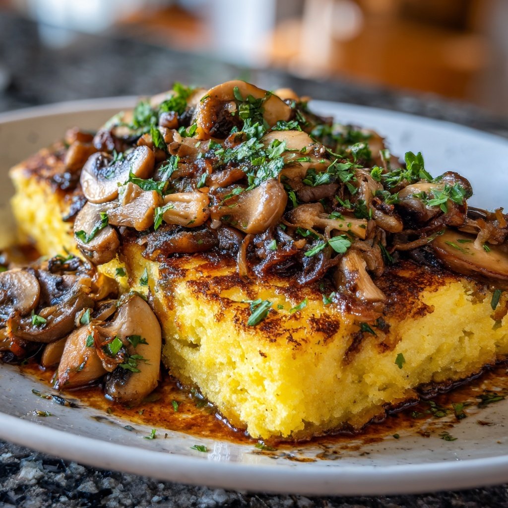 Gebratene Polenta-Würfel mit Pilzragout
