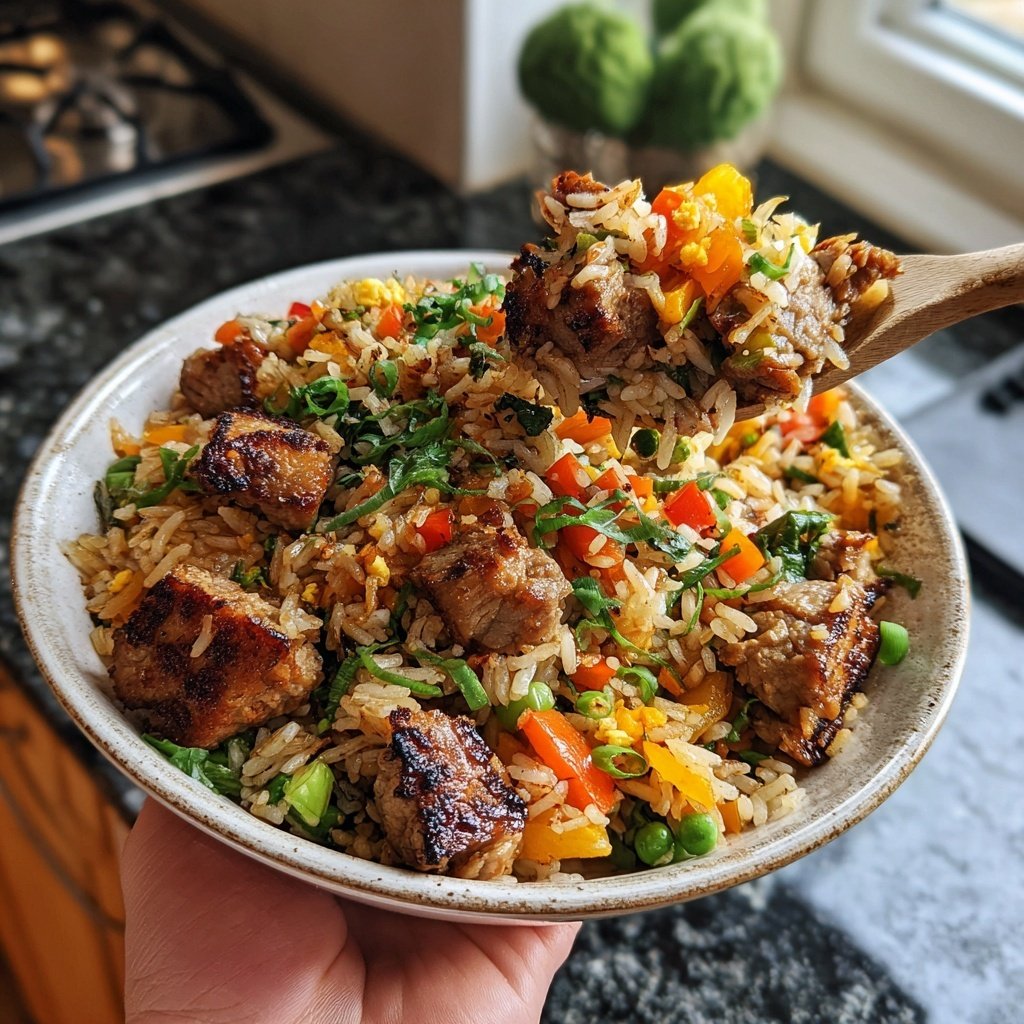 Schweinefleisch gebratener Reis Gemüse